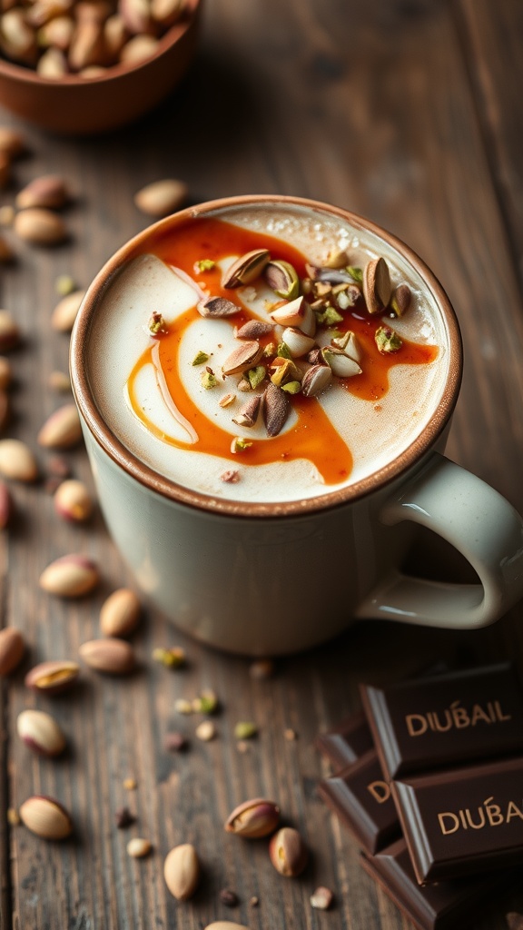 A creamy latte with tahini, honey, and melted Dubai Chocolate, garnished with pistachios on a wooden table.